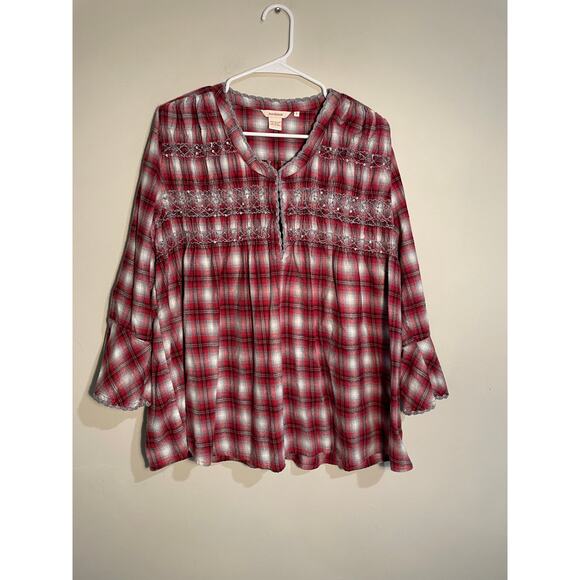 Sundance Red Plaid Flannel Sequin Blouse Top Size Large - Picture 1 of 10